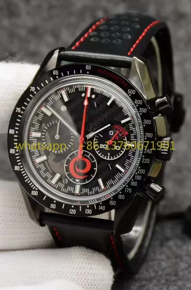 Luxury New Mens Quartz Chronograph Watch Stainless Steel VK63 Full Black Leather Luminous Watches 44mm