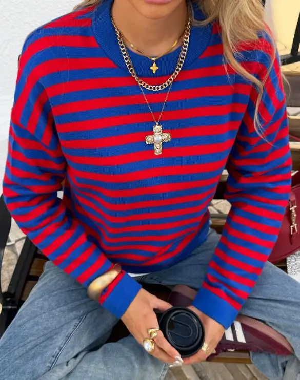 

Women's Sweater 2026 Spring Autumn New Fashion Striped Round Neck Long Sleeved Loose Fit Casual Daily Pullover Sweater