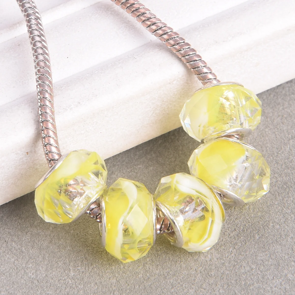 

5pcs 14mm Yellow Rondelle Faceted Lampwork Glass Handmade European Charms Loose Big Hole Beads For Jewelry Making DIY Bracelet