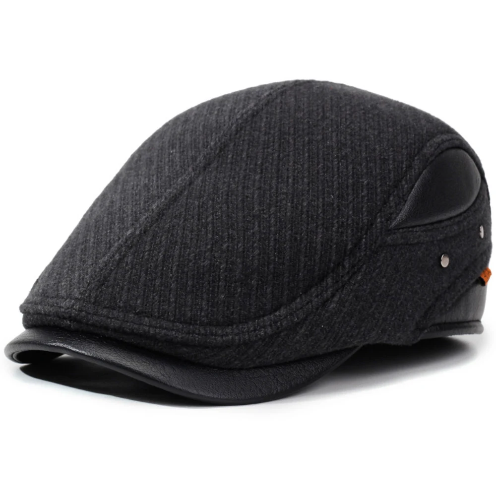 

HT4844 Mens Berets Thick Warm Wool Beret Hat Male Striped Earflap Cap Dad Father Ivy Flat Cap Grandfather Adjustable Beret Cap