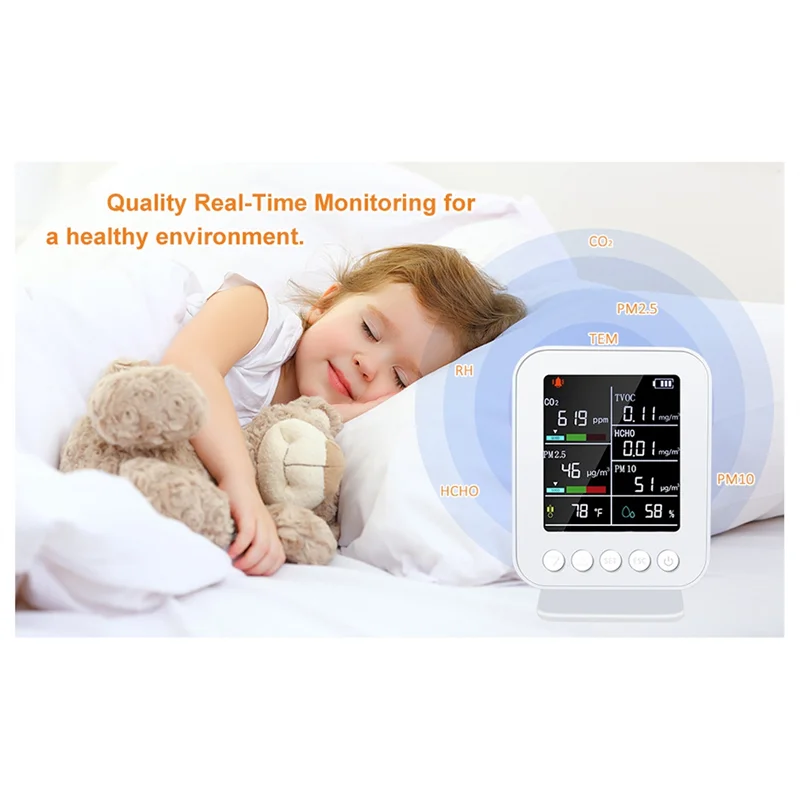 

Air Quality Meter 7-In-1 PM2.5 PM10 Carbonic Oxide Carbon Dioxide TVOC HCHO Tester TFT Carbon Dioxide Detector