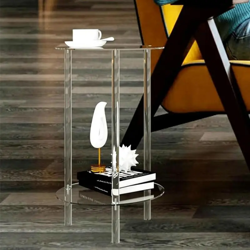 Modern Round End Drink Table Acrylic Tabletop Side Table Transparent Small Round End Table for Living Room Bedroom Decoration