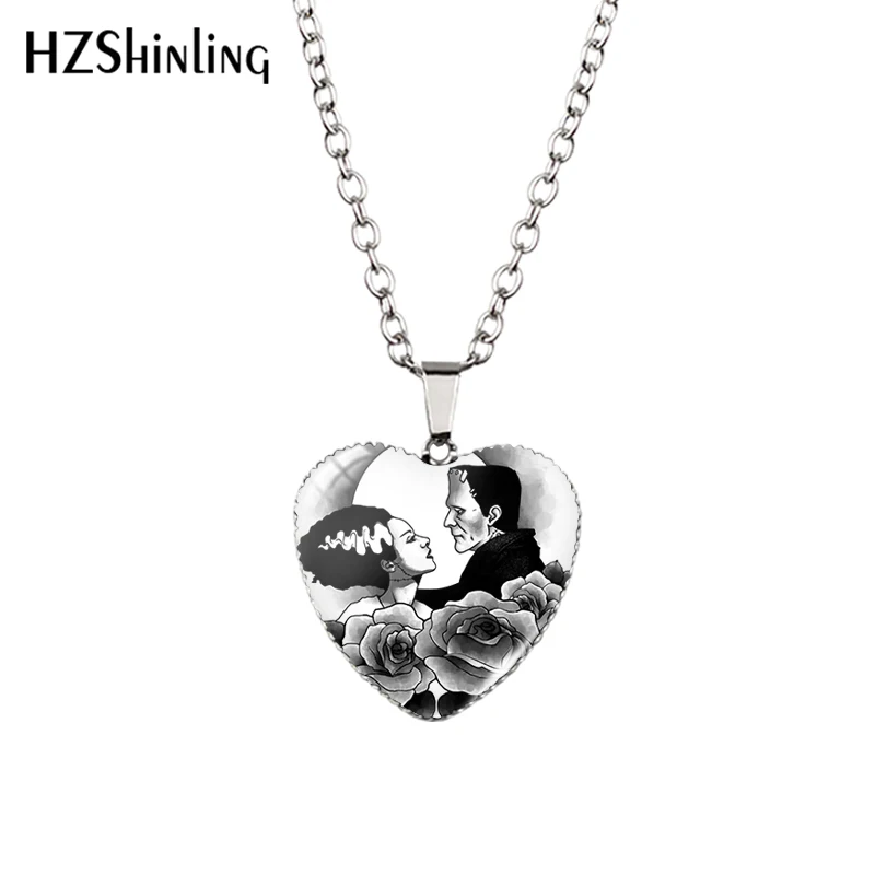 2018 New Traditional Frankenstein Heart Pendant Couple Necklace Handmade Pendants Glass Dome Jewelry HZ3