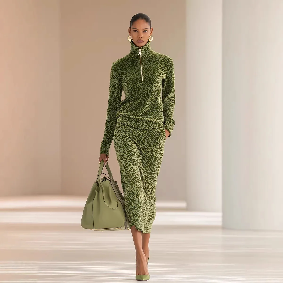 

2026 Cross-Border European American Autumn/Winter Women's Sporty Style Leopard Print Stand Collar Long Sleeve Top And Skirt