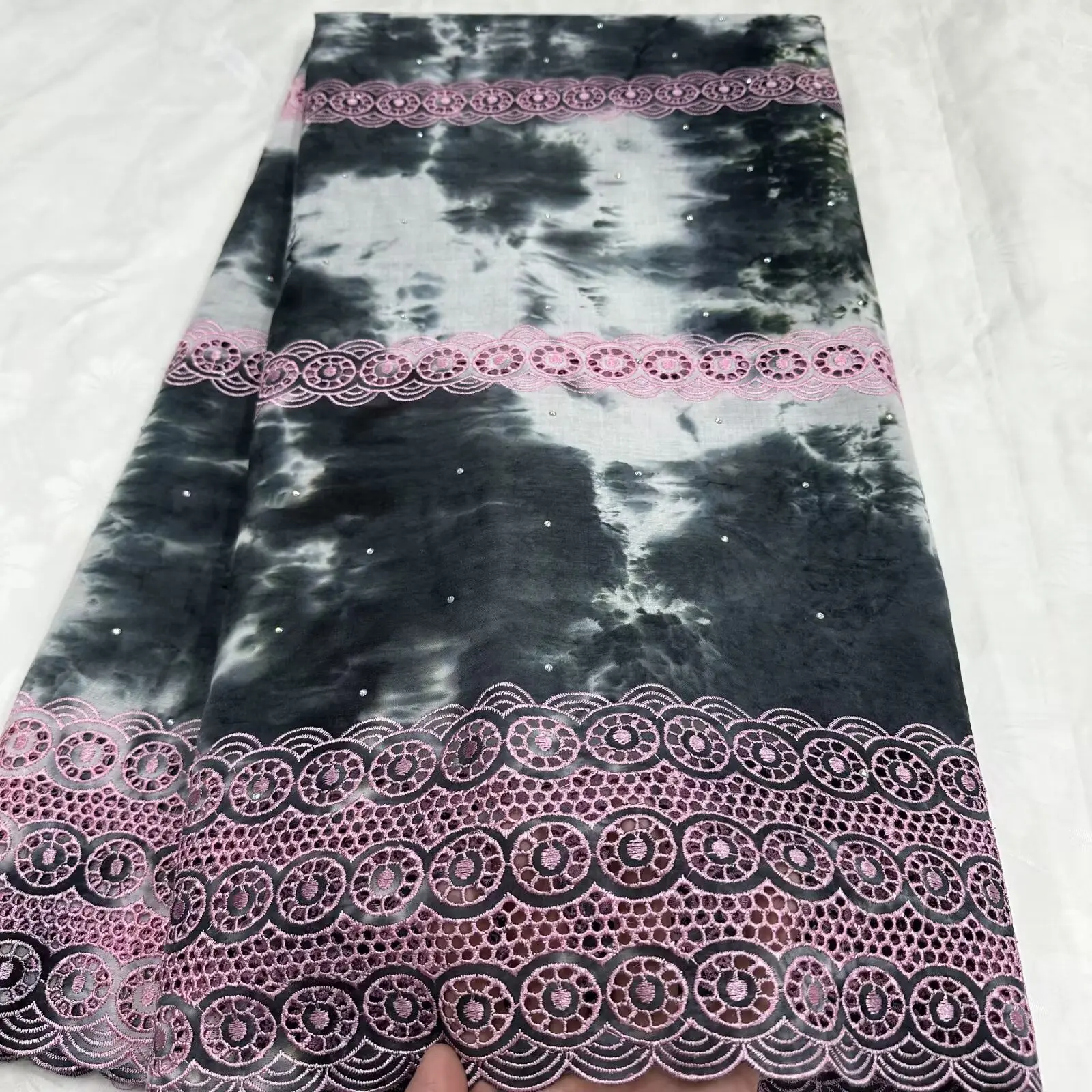 

2025 5 Yards African Cotton Lace Fabric High Quality Lace Nigerian Tie dye punched embroidery Cotton lace Stones In Switzerland