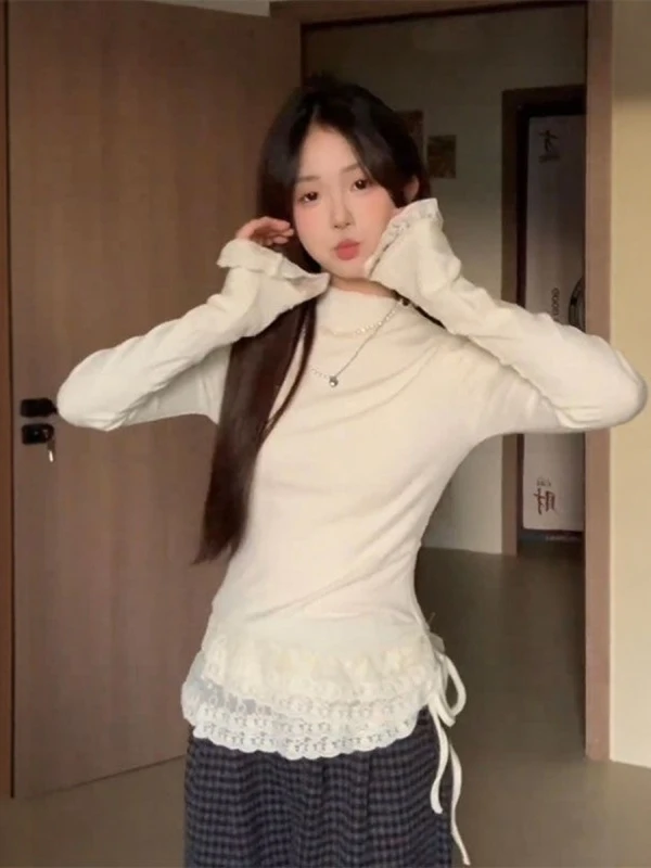 

Корейский женский свитер Sle Pure Desire Lace Long Sve, осень-зима, облегающий базовый слой, топ f, пуловер с высоким воротником