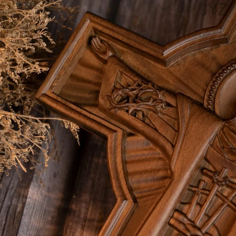 High Quality Wooden Easter Catholic Cross Jesus Statue Interior Wall Decoration, Religious Baptismal Gift