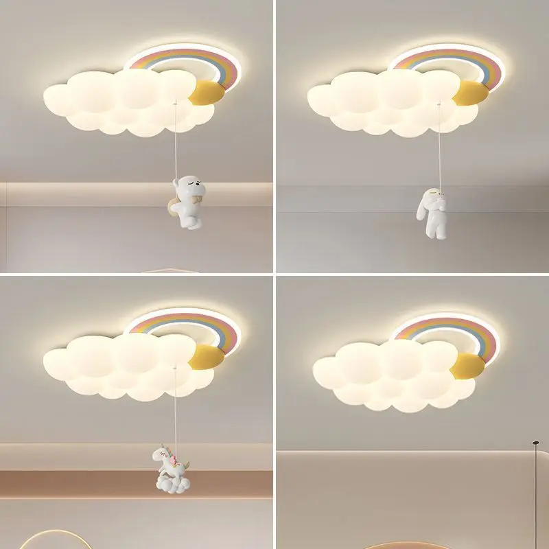 Cartoon Rainbow Chandelier Lights White Cloud Ceiling Lamp Kids Baby Bedroom Chandelier Lamps with Hanging Horse Rabbit Bear