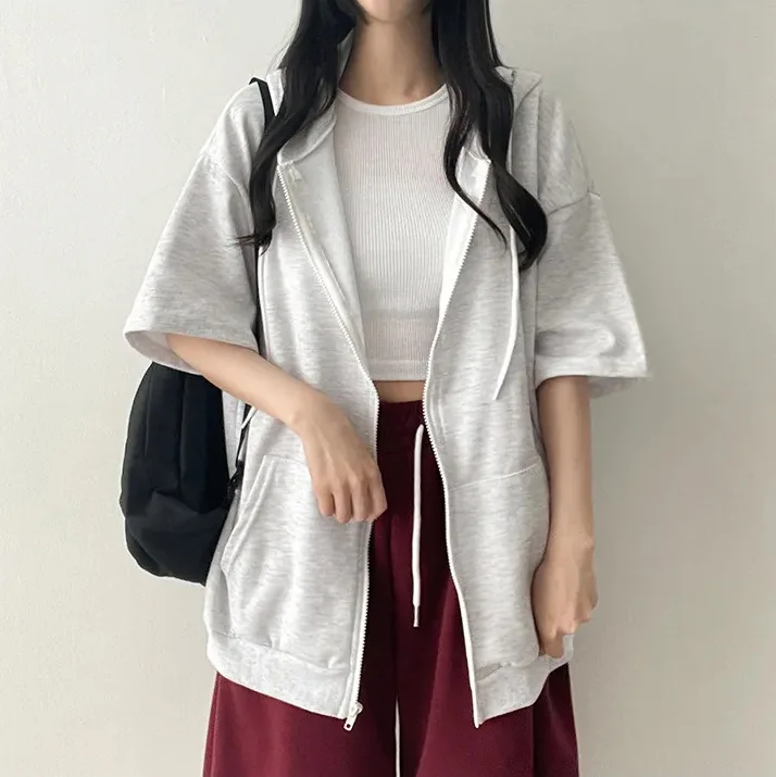 Women Zip Up Coat Oversized Sweatirt Y2k Hooded Sweater Women Loose Autumn Casual Half Sleeve Soft Coat Streetwear Hoodies 2025