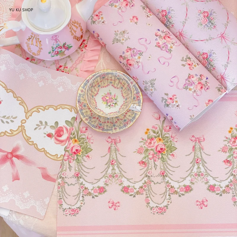 Vintage Placemat for Table Bow Rose Floral Heat Insulation Mat Leather Table Mat Waterproof Oil Resistant Hot Western Placemat