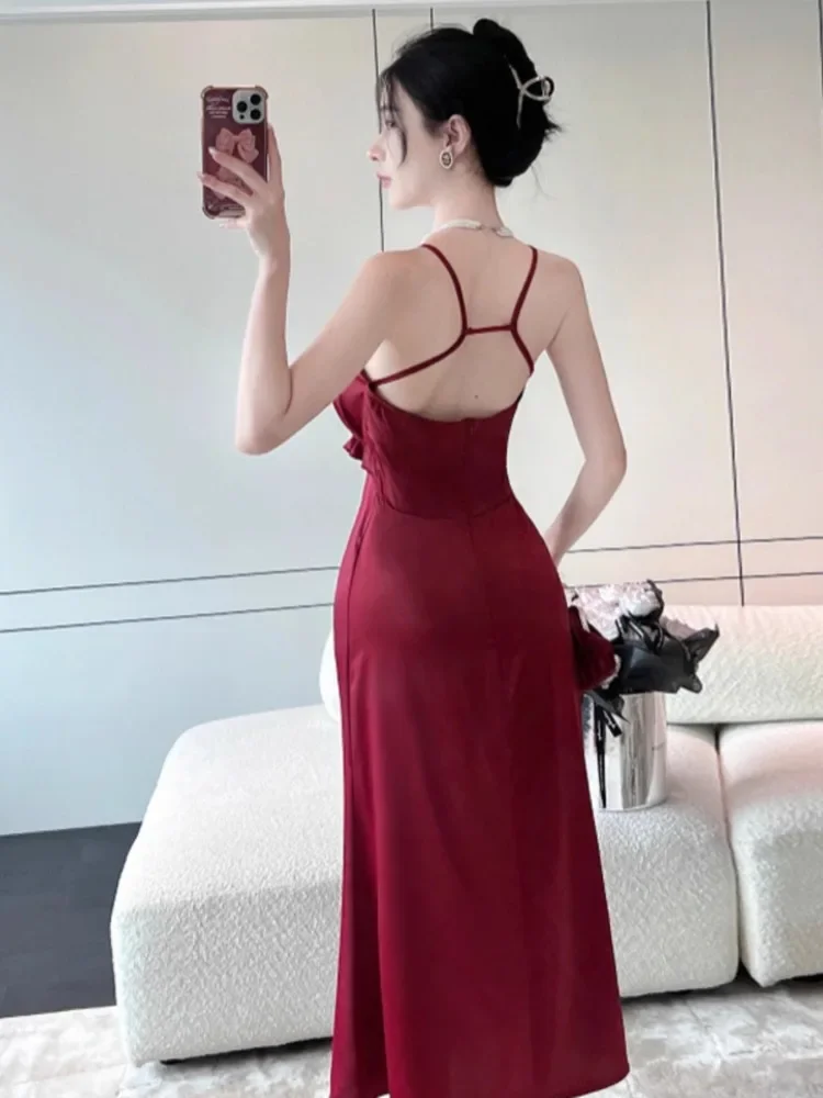 Sexy Social ite Hosenträger Kleid Essigsäure Satin rücken freie Kleider hohe Taille niedrige Brust schlanke Taille Bankett Vestido