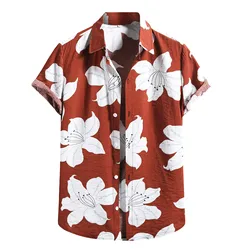 Summer Short Sleeve Shirt Men Hawaiian Shirts Cotton Turn-down Collar Soft Floral Print Aloha Loose Button Shirt Streerwear Tops