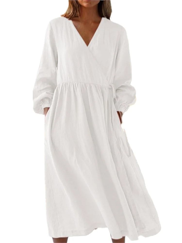 

Elegant Solid Loose Dress For Women Casual V Neck Long Sleeve Lace-up Dresses Robe Femme Fashion Holiday Office Womens Clothing