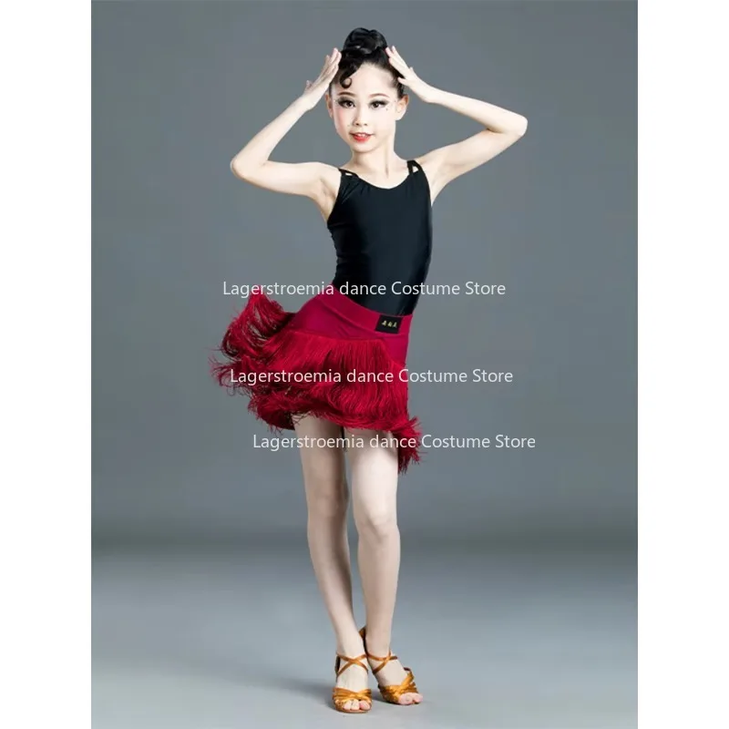 

Tassel Fringe Ballroom Pratice Split Latin Dance Dress for Kid Girl Stage Performance Professional Sumba Red Black Leotard Skirt