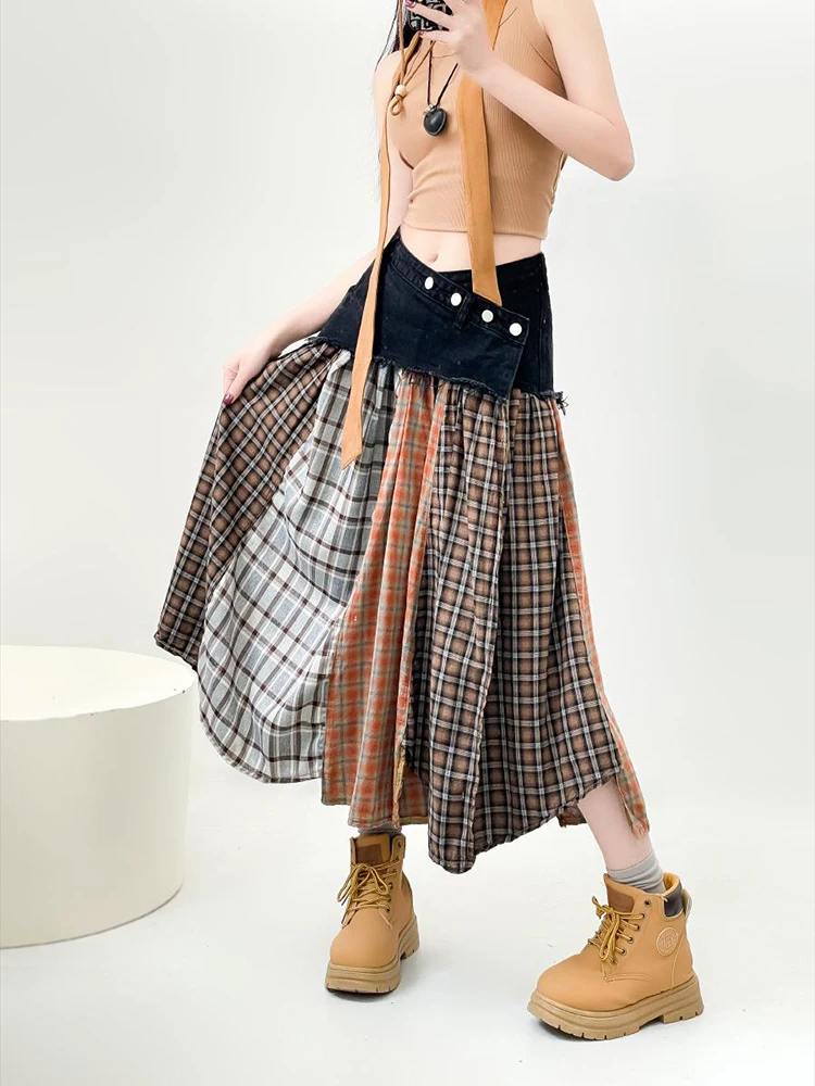Women's Fashion Plaid Splice Denim Skirts 2025 Spring New Items Button Design Contrast Color A-line Skirt Female
