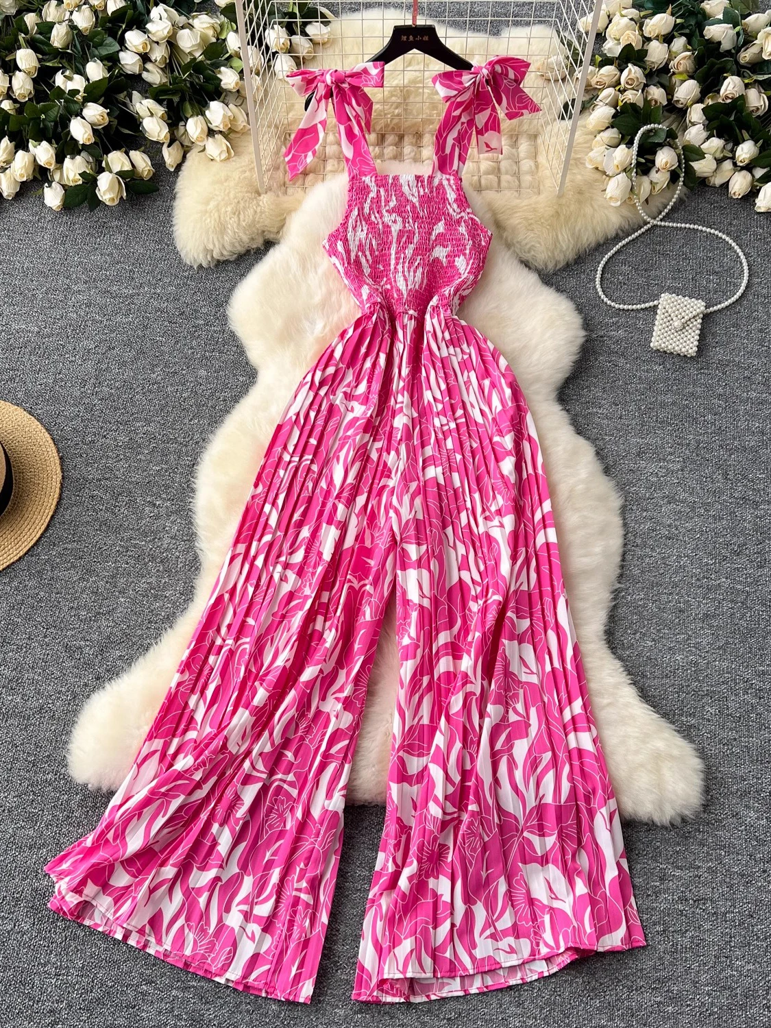 Summer Women Printed Draped Wide Leg Jumpsuit Female Sexy Spaghetti Strap High Waist Romper Beach Vacation New Fashion 2024