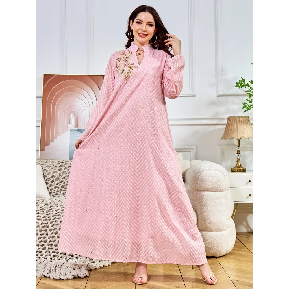 رمضان المرأة العرقية نمط مسلم مطرز الترتر فستان محكم من عند الصدر ويتدلى بشكل واسع موضة جلابية ثوب تقليدي دبي عباية حفلة عالية الجودة