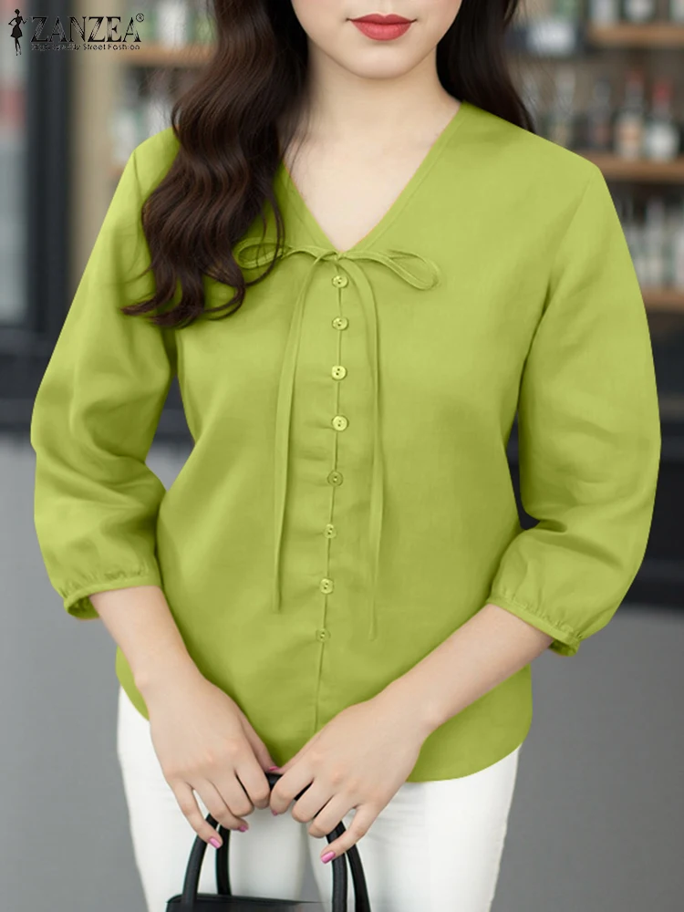 ZANZEA Women Shirts Solid Casual V Neck Tops 2025 Summer Female Lace-Up OL Work Tunic 3/4 Lantern Sleeve Buttons Beach Blusas