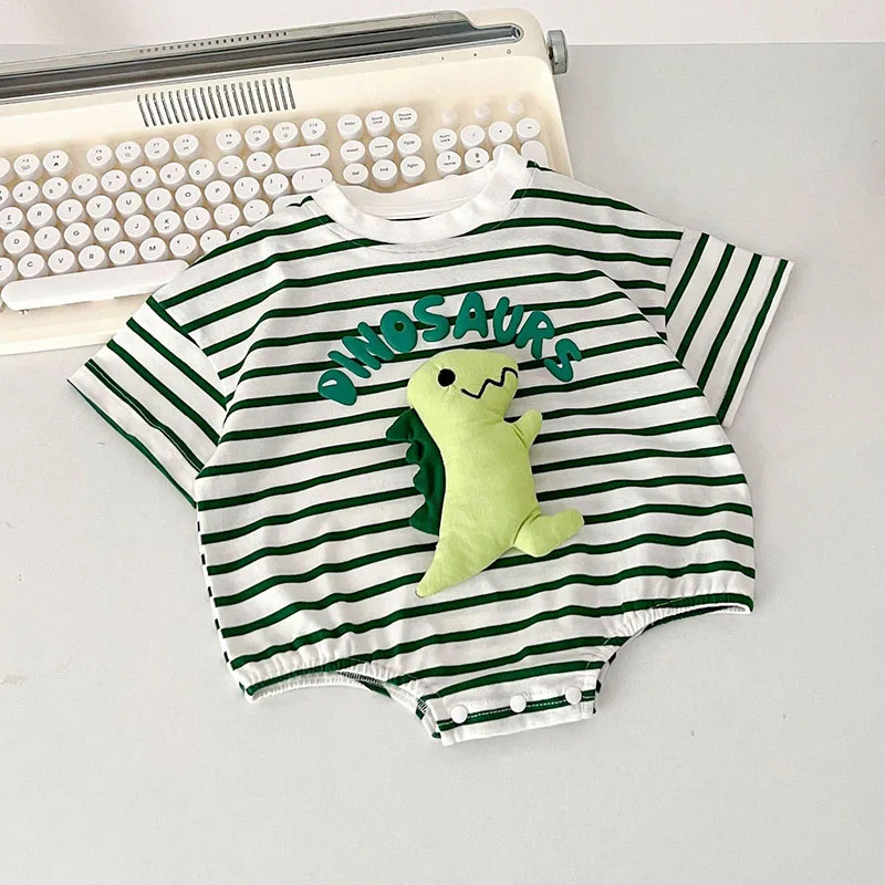 2024 New Summer Baby Girls Bodysuit 0-2T Thin Style Toddler Cute Striped Dinosaur Jumpsuit Infant Boys Outwear One Piece