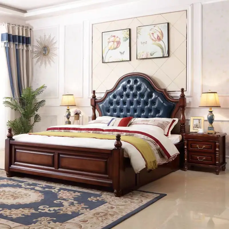 2025 Antique Bedroom Furniture European British Royal Silver Double Bed Solid Wooden Beds Luxury Up-Holstered Classic Beds