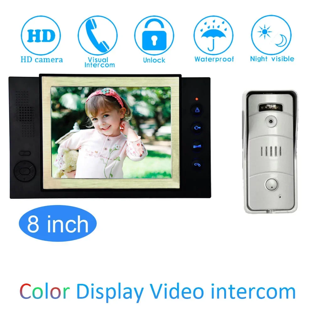 LCD-scherm 8-inch videodeurtelefoon Home Security Waterdichte deurbel Draadintercomsysteem Nachtzichtcamera Talk Back