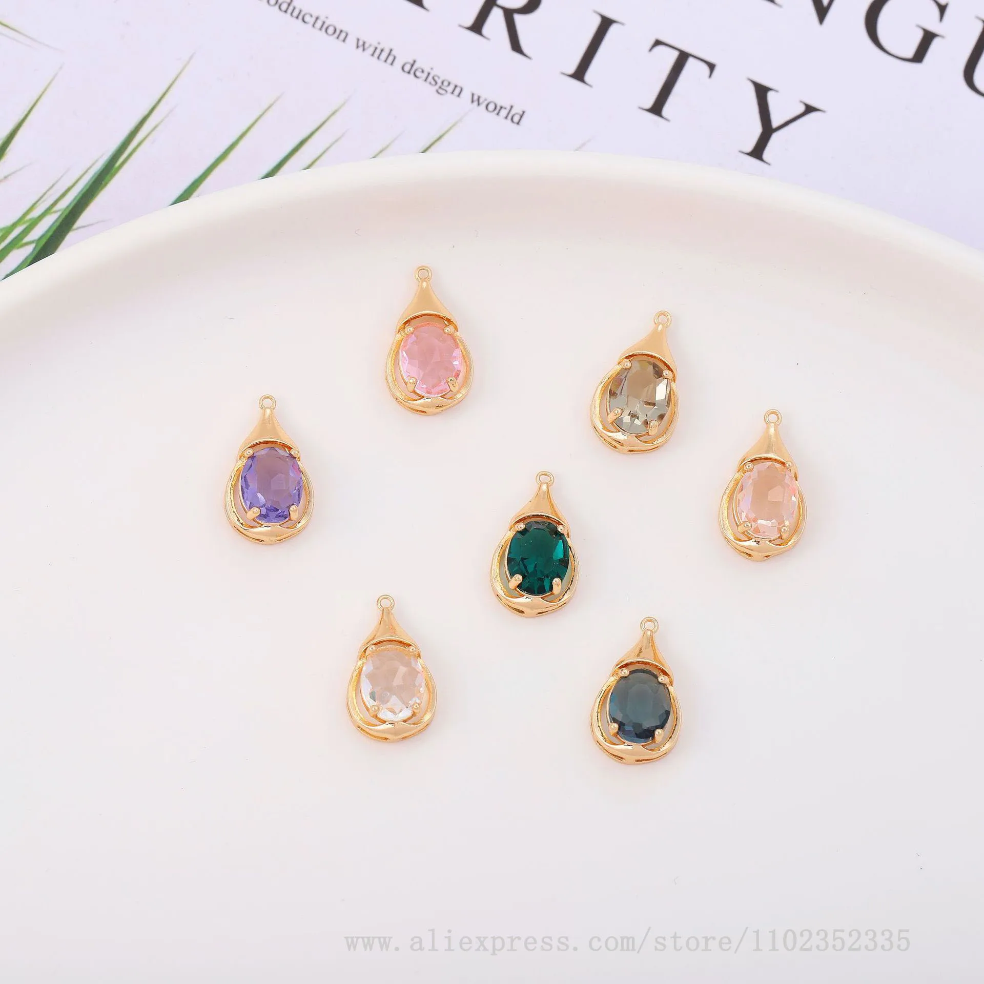 10pcs/ Bag   Copper gold-plated glass crystal droplet flower bud pendant DIY earrings bracelet necklace accessories