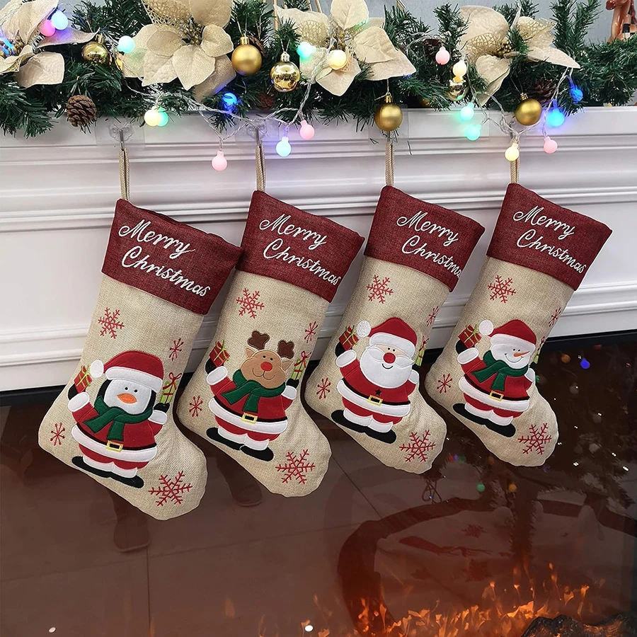 

4 Pcs Christmas Stockings Penguin Snowman Claus Santa Rustic Family Xmas Holiday Party Tree Vintage Home Decorations Gift Bag