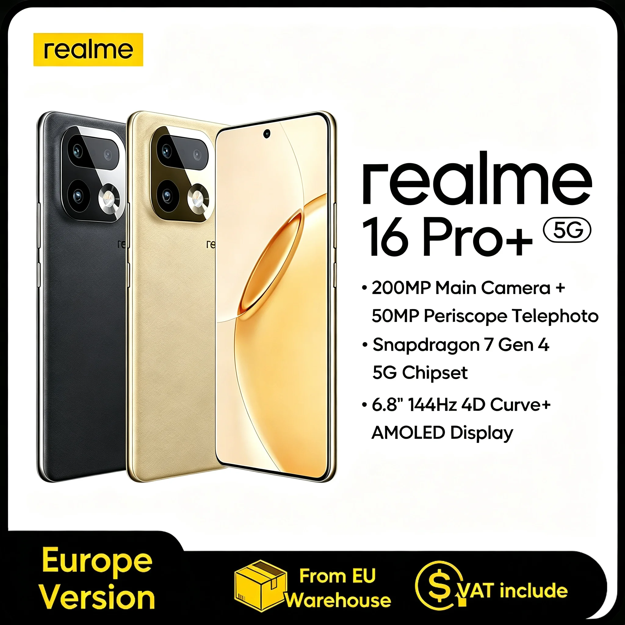 realme 16 Pro Plus 5G Versione Globale Smartphone con Processore 7 Gen 4, Fotocamera da 200MP, Batteria da mAh, Schermo Curvo AMOLED da Hz