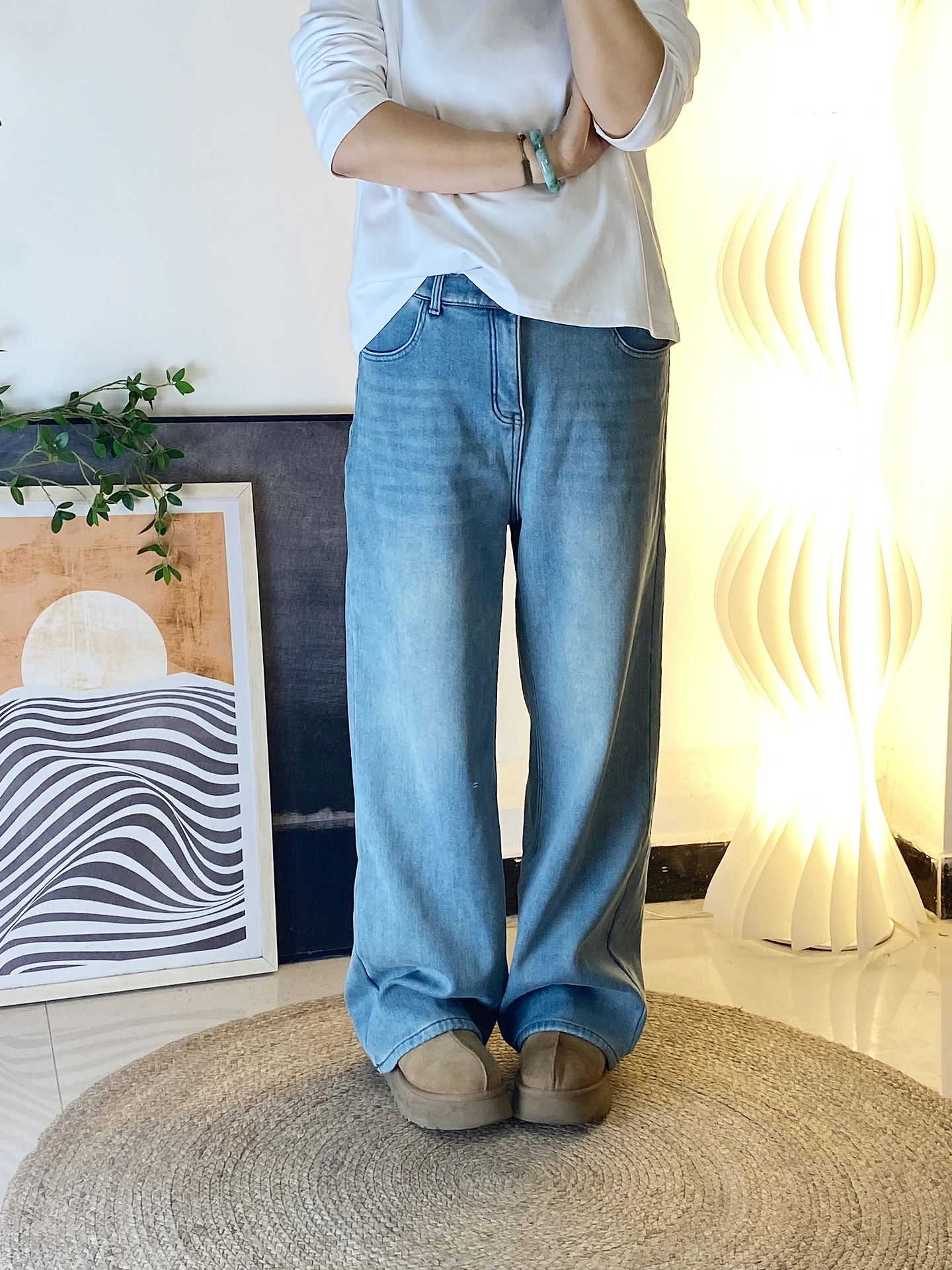 

Джинсы женские больших размеров с высокой талией, широкими штанинами, утепленные флисом, прямого кроя, длиной в пол, из эластичного хлопка