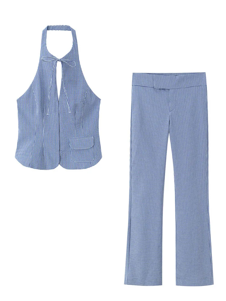 

HH Women New Fashion Blue Plaid Sleeveless Backless Halter Neck Lace Up Hidden Buckle Short Top+Casual Long Pants 2 Piece Set