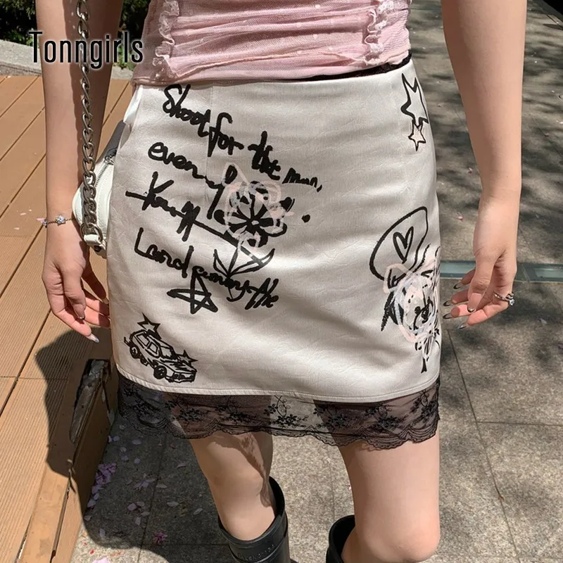 

Tonngirls Gothic Mini Skirt Women Print A-line Funny Summer Y2k Vintage Retro Korean Fashion Lace Hight Wais Skirts E-girl 2000s