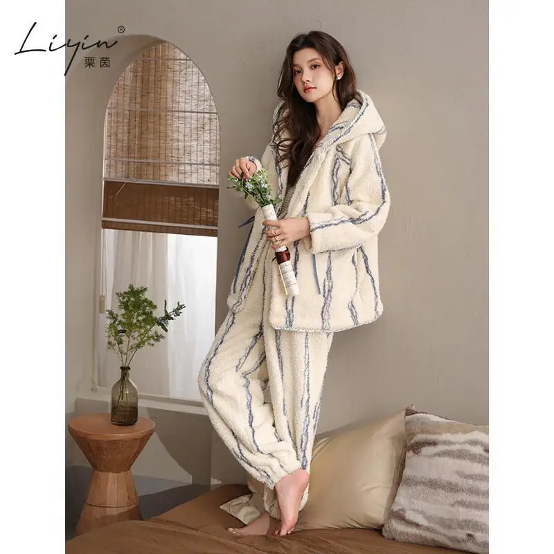 طقم بيجامة نسائي بغطاء للرأس من Pjs بيجامة شتوية دافئة ملابس منزلية عصرية، طقم بيجامة لطيف وناعم جديد ساخن