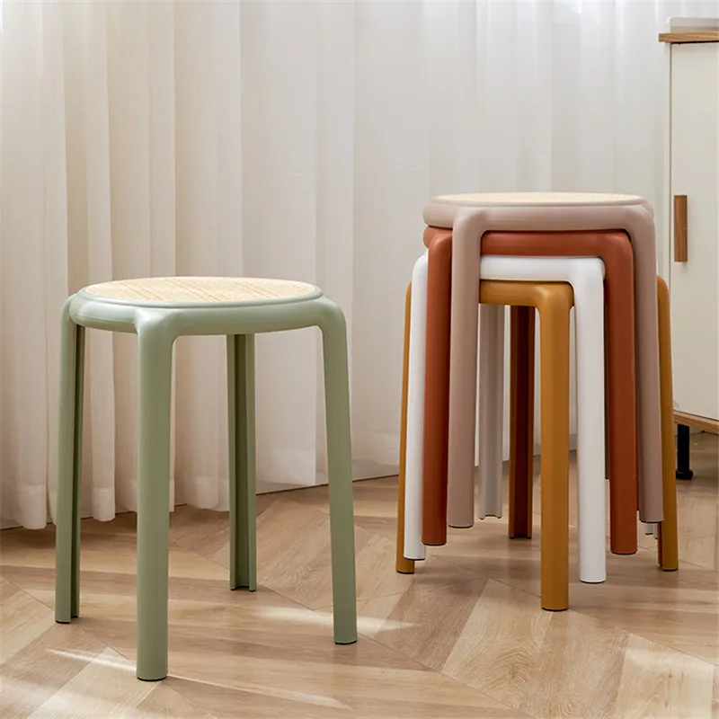 Plastic Stools Can Be Stacked Home Dining Table And Chairs Simple Fashion Creative Round Stool Imitation Rattan Chair High Bench