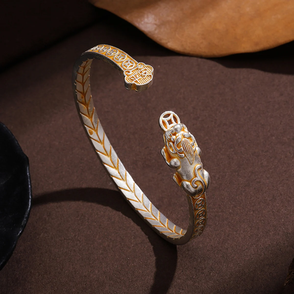 New Silver-plated Solid Retro Light Luxury Ancient Enamel Lotus Auspicious Cloud Sunflower Open Bracelet Ruyi National Tide Gift