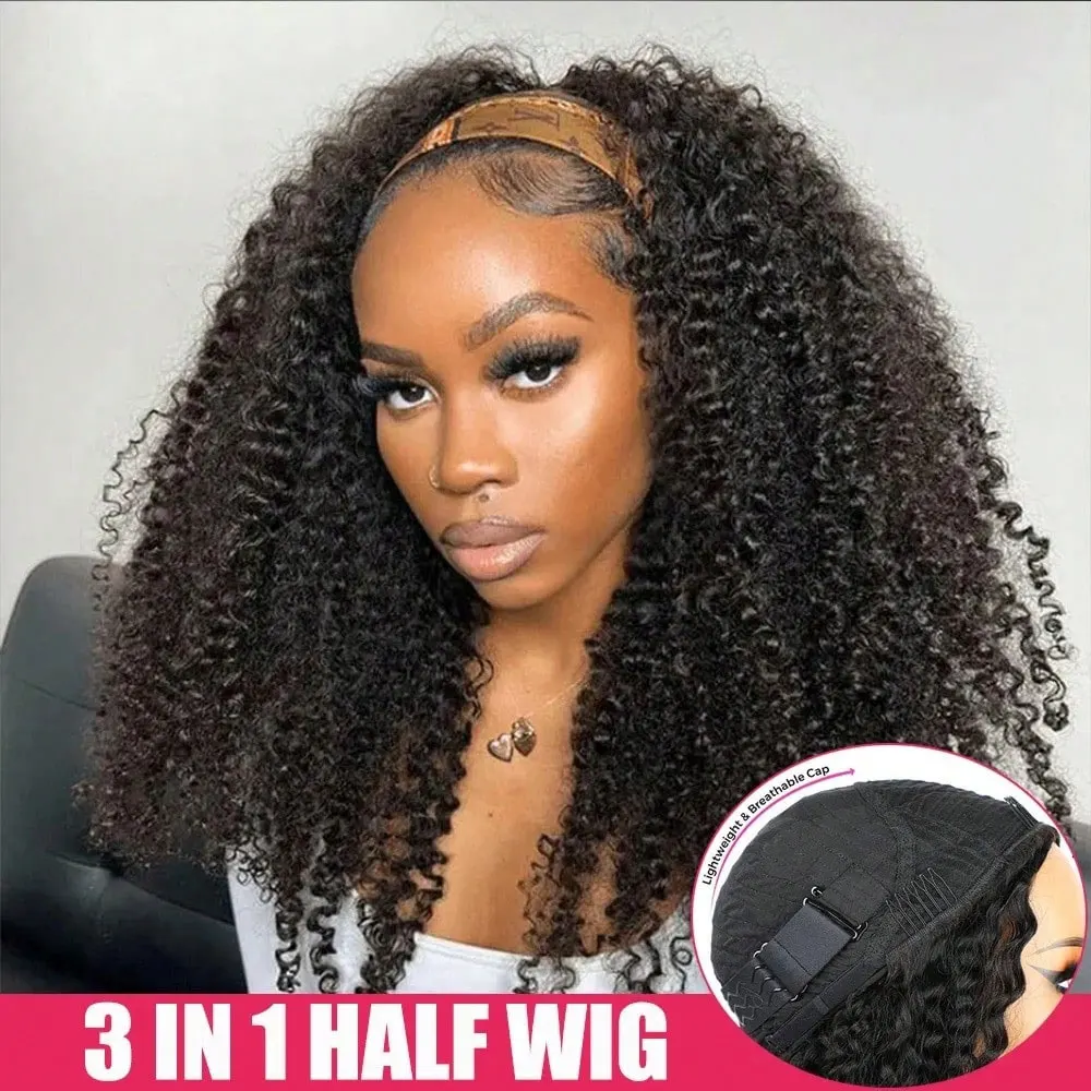 Half Wig Human Hair Kinky Curly Glueless Wig Human Hair Ready to Wear 3 IN 1 Half Wig With Drawstring 250 Density Curly Half Wig