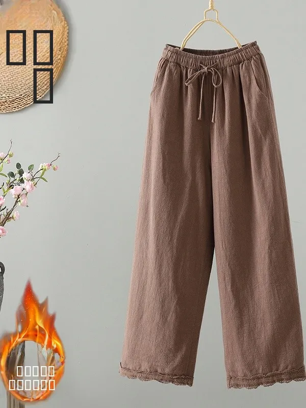 Women's Thiened Linen Pants Winter Straight Leg Slimming High Waist Lace Splicing Versatile Cotton Trousers