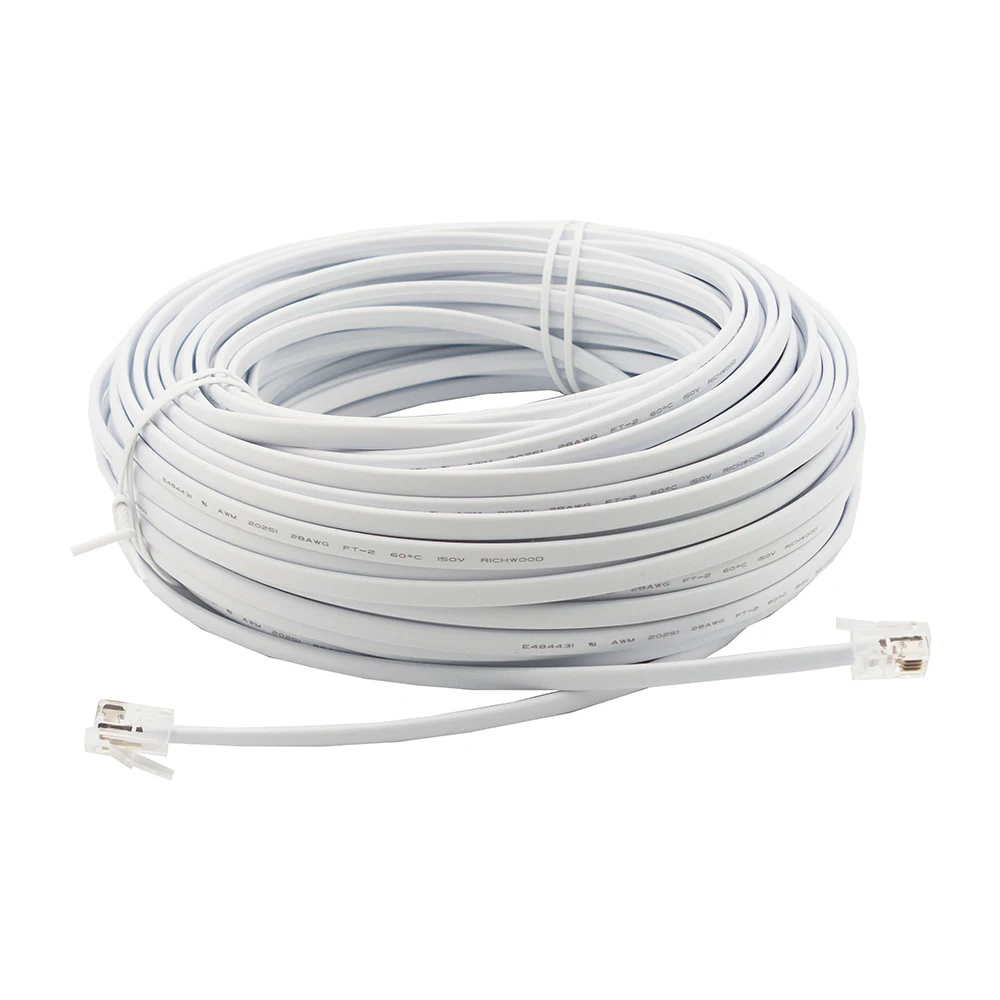 10/20/30M RJ9 Cable 4P4C Connector 4-core Flat Telephone Cable RJ11 Signal Wire Handset Line White