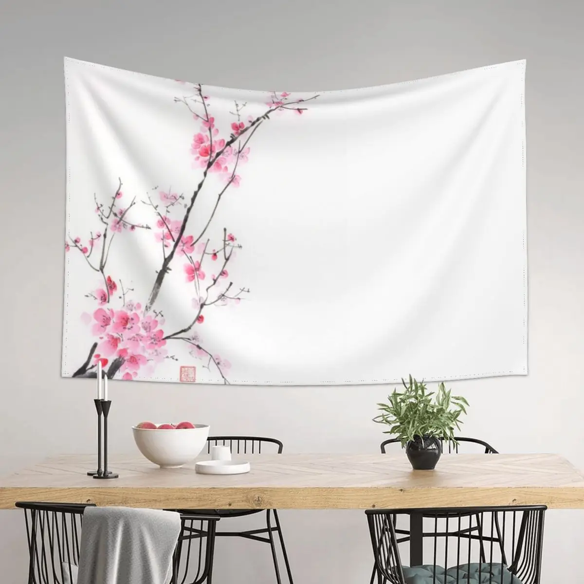 

Elegant branch of cherry blossom with pink flowers on white Oriental sumi-e painting art print Tapestry Room Design Tapestry