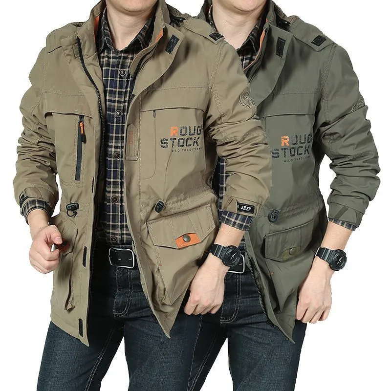 Spring And Autumn New Detachable No Inner Lining Solid Color Waterproof Blue Mid-Length Trench Coat For Men Slim Fit Lightweight