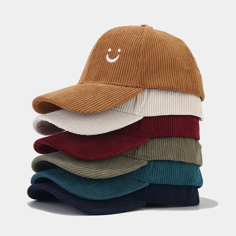 

Ins new cute little smiling face embroidered corduroy baseball cap autumn and winter street fashion simple curved brim duckbill