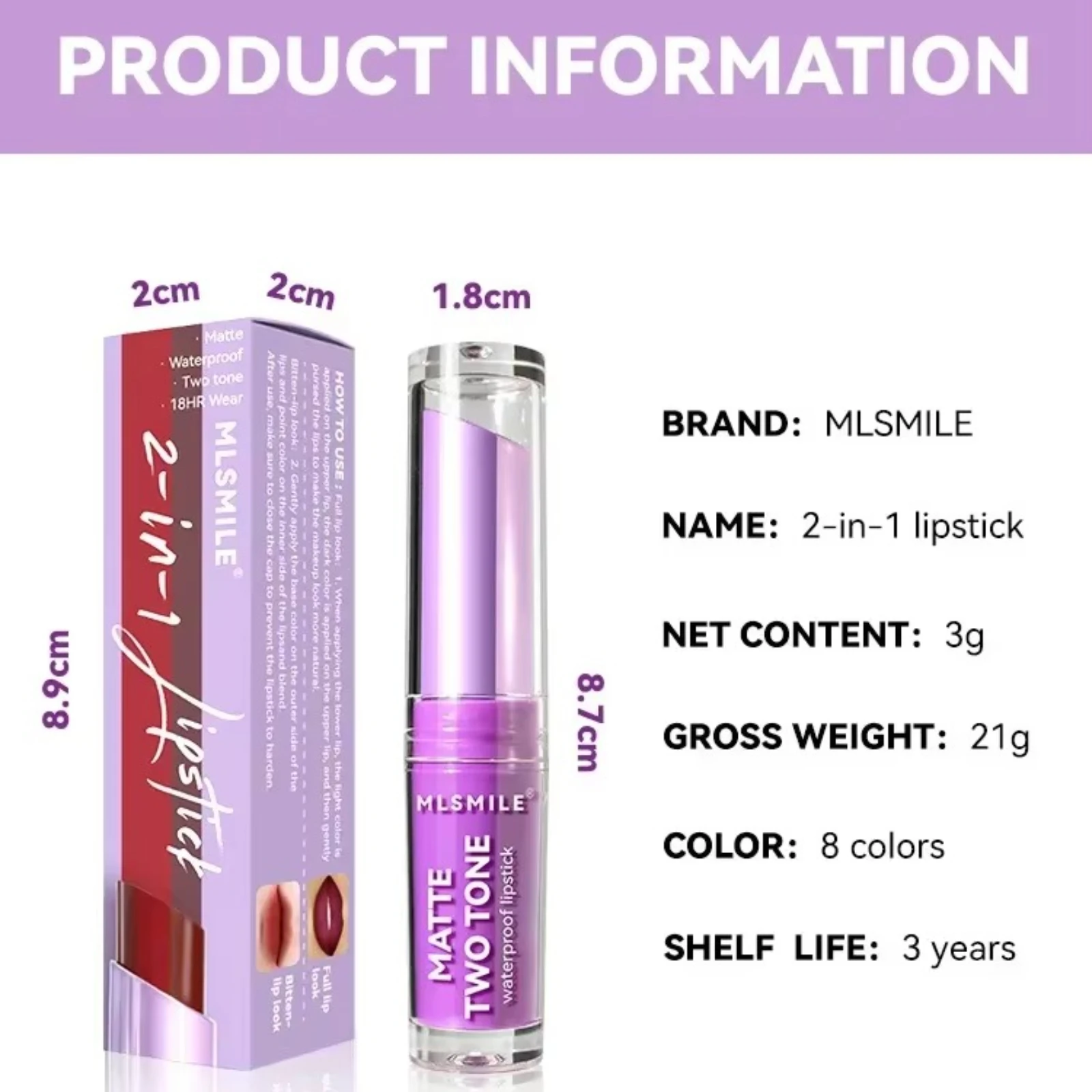 2 In 1 컬러 오래 지속되는 스틱 컵 립 글로스 방수 2 톤 매트 립스틱 크리미하고 가벼운 질감을 적용하기 쉽습니다.