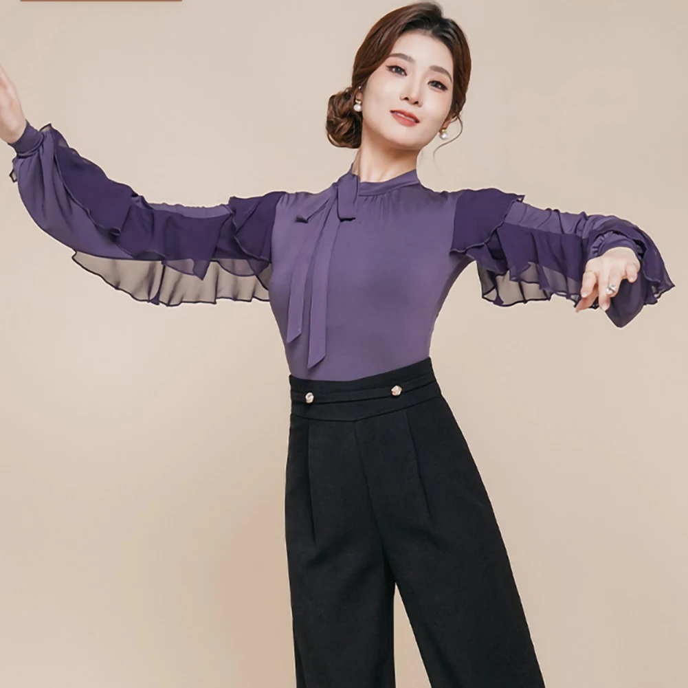 Top elegante vals salón de baile púrpura manga larga vestido de baile de cuello alto para mujer GB Dance blusa de vals con volantes negro