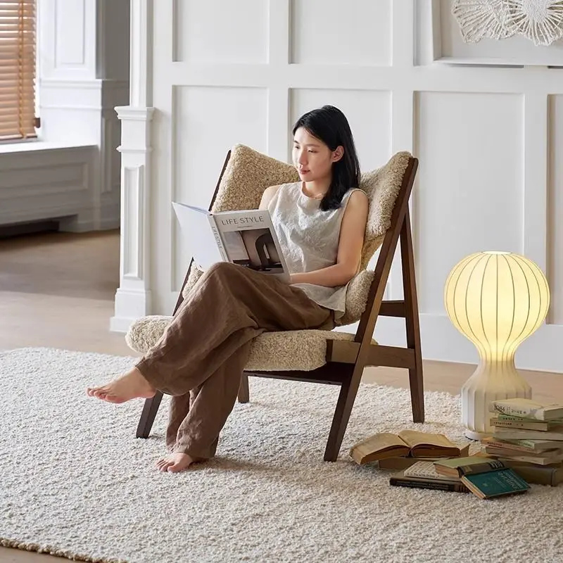 Knitted lounge chair, French retro medieval solid wood sofa chair, cream wind lamb wool single sofa chair