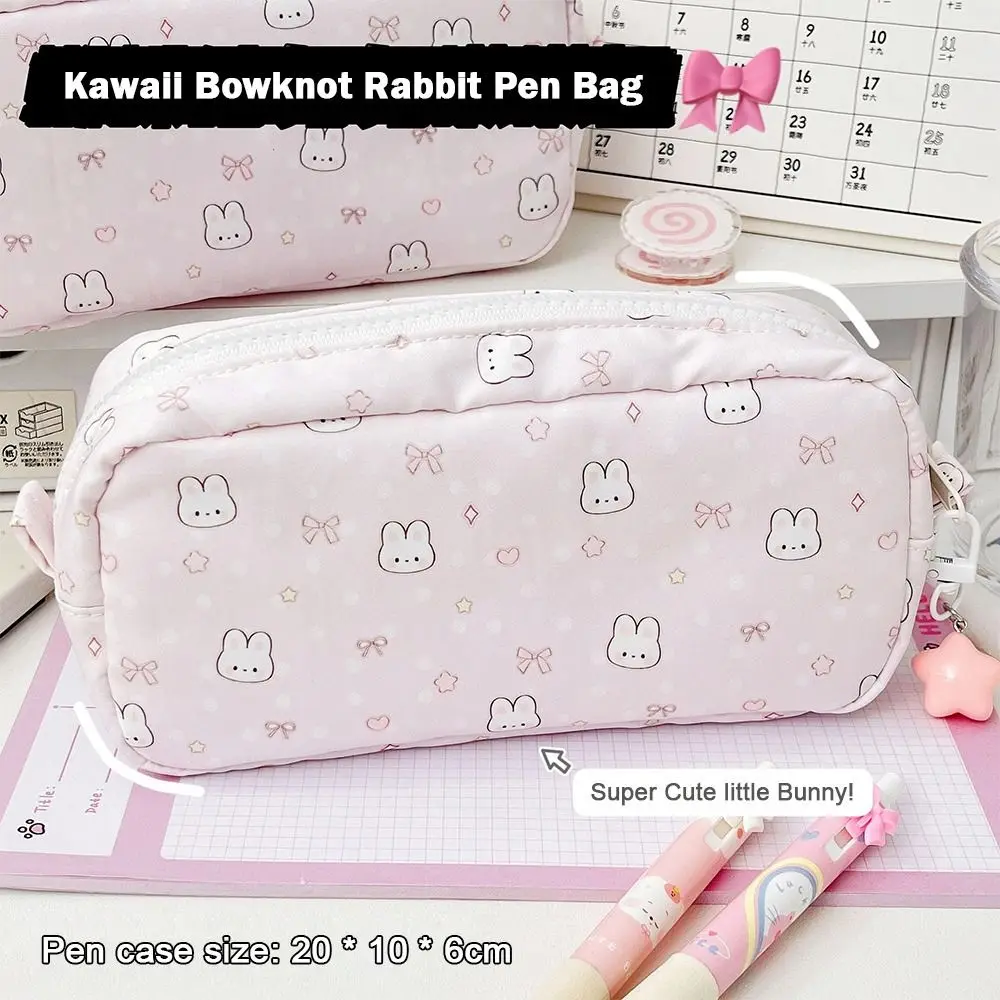 Durable Bowknot Rabbit Pen Bag Soft Touch Multi-functional Pencil Case Stationery Organizer School Supplies