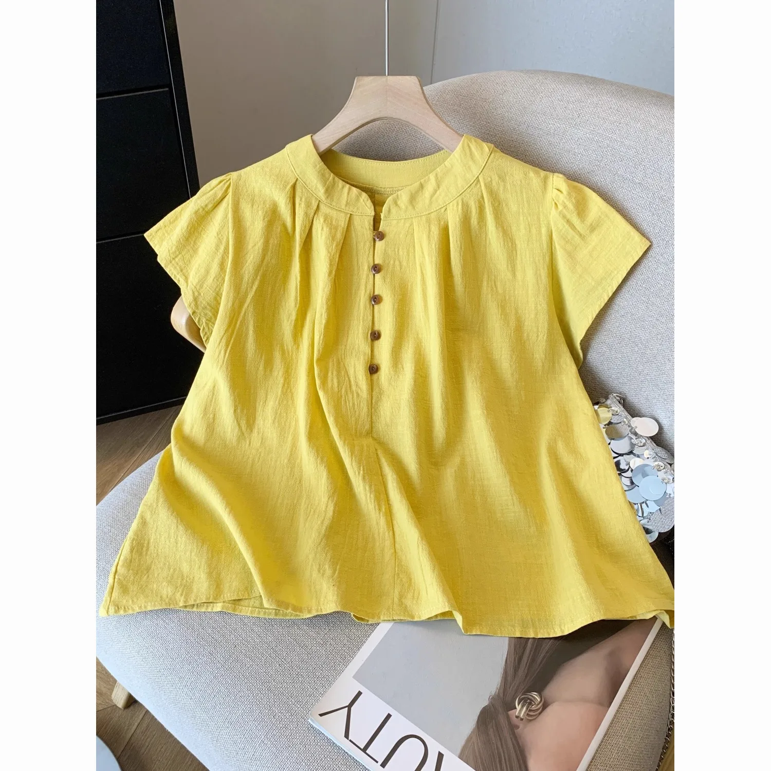 

Short Sleeve Shirts Women Satin Pintuck Regular Fit Autumn Office Minimalist Elegant OL Lady Professional Modern Simple Business