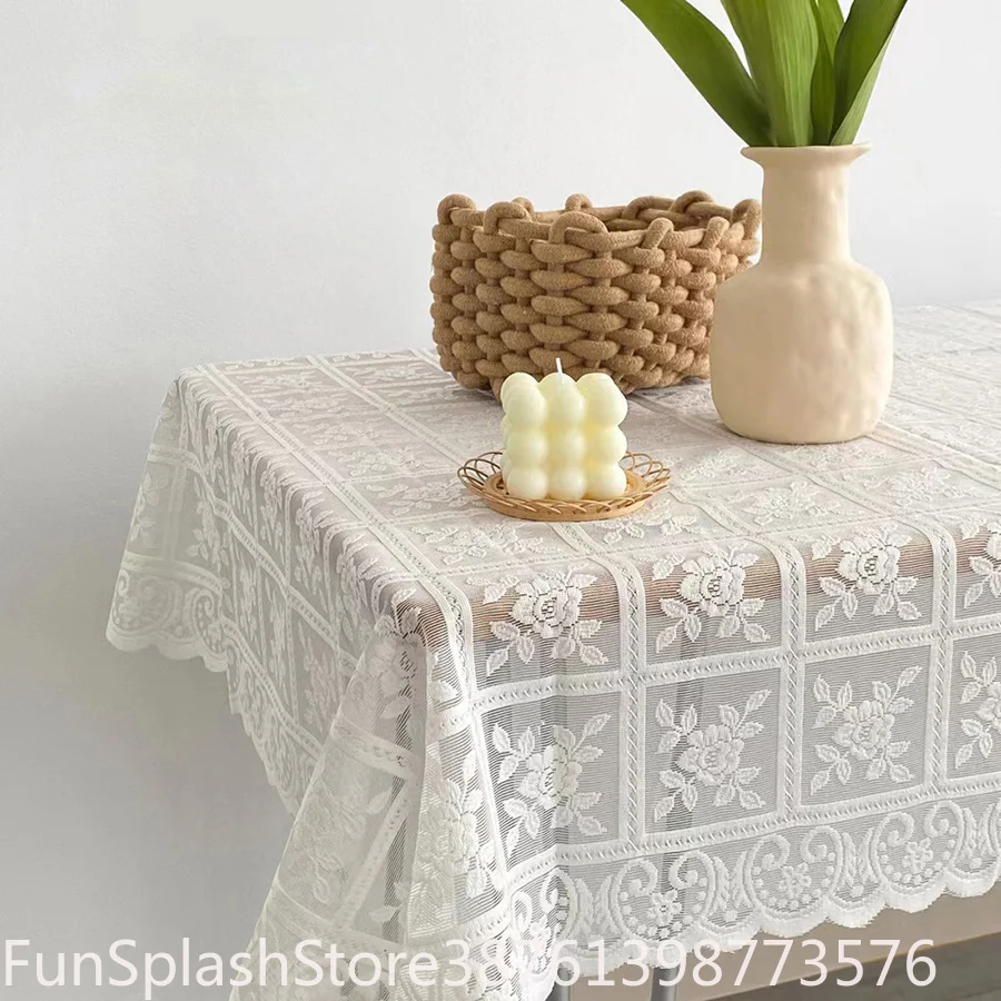 Antique Embroidered Lace Square Tablecloth Solid Color Elegant Flower Cut Polyester Table Cover For Dining Party Home Decor