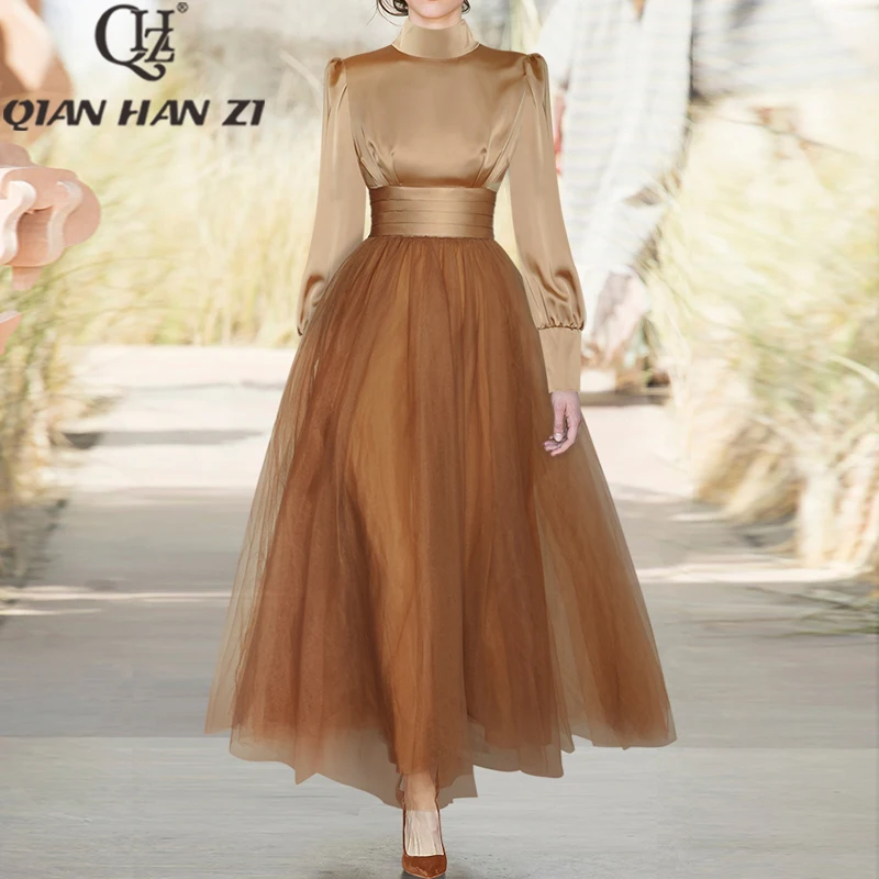 

Qian Han Zi Designer Fashion Long dress for woman Lantern sleeve Retro Nude stitching Mesh Ball Gown Gauze Slim Maxi Dress