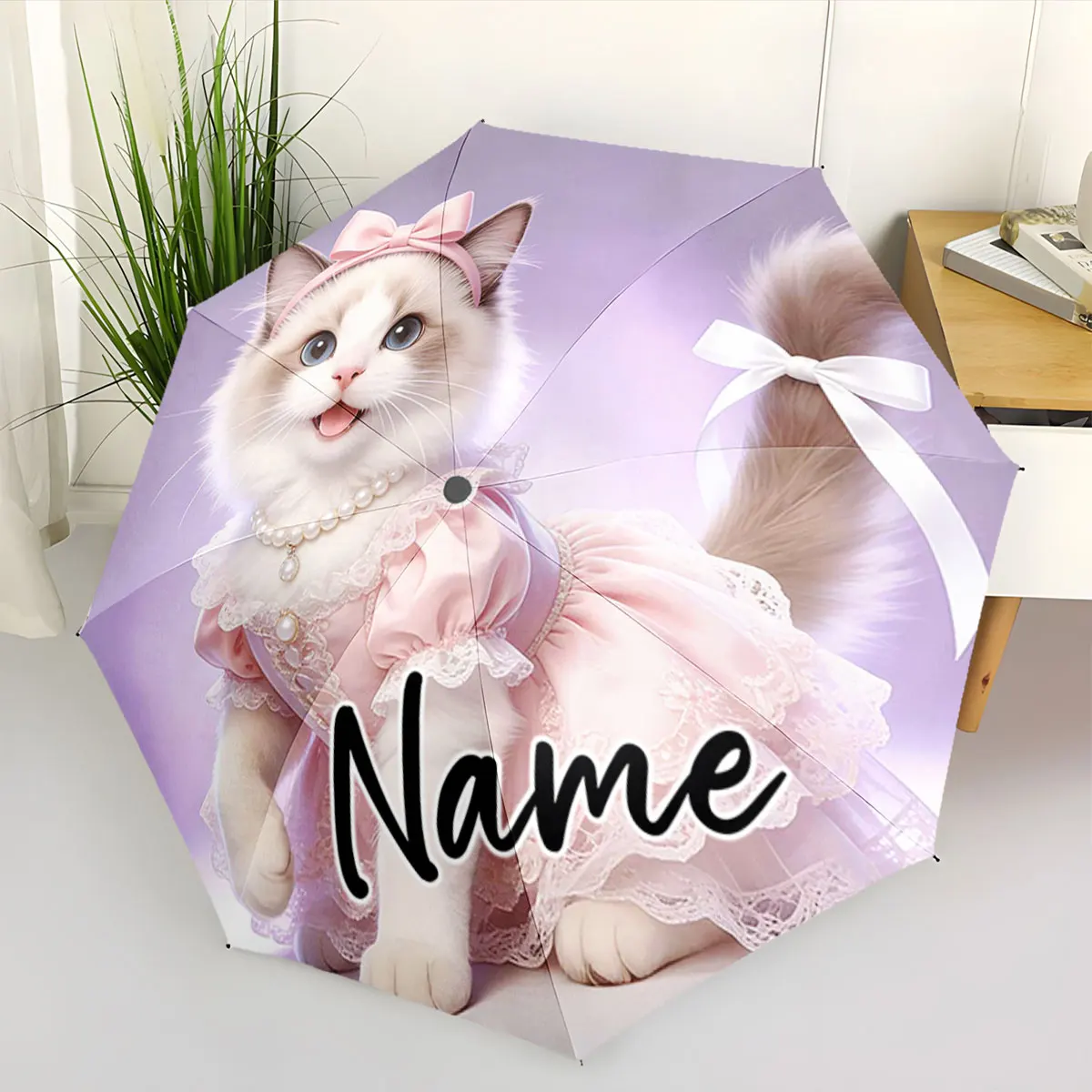 Custom Name Chic Cat Umbrella with Cute Pink Outfit Design Print 8 Iron Ribs Folding Umbrella Auto-Open Fashion Sunshade
