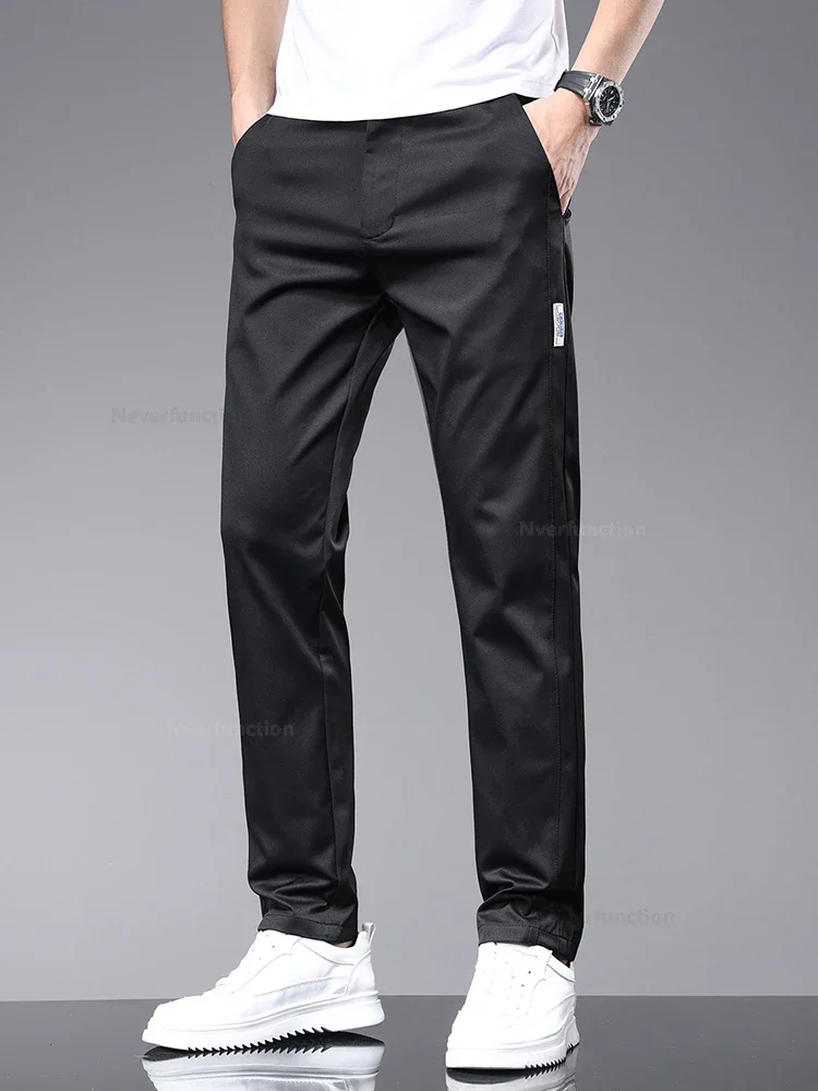 Stretch Summer Soft Men's Casual Pants Ultra-thin Fashion Ice Silk Slim Business Elastic Waist Solid Color Trousers Male