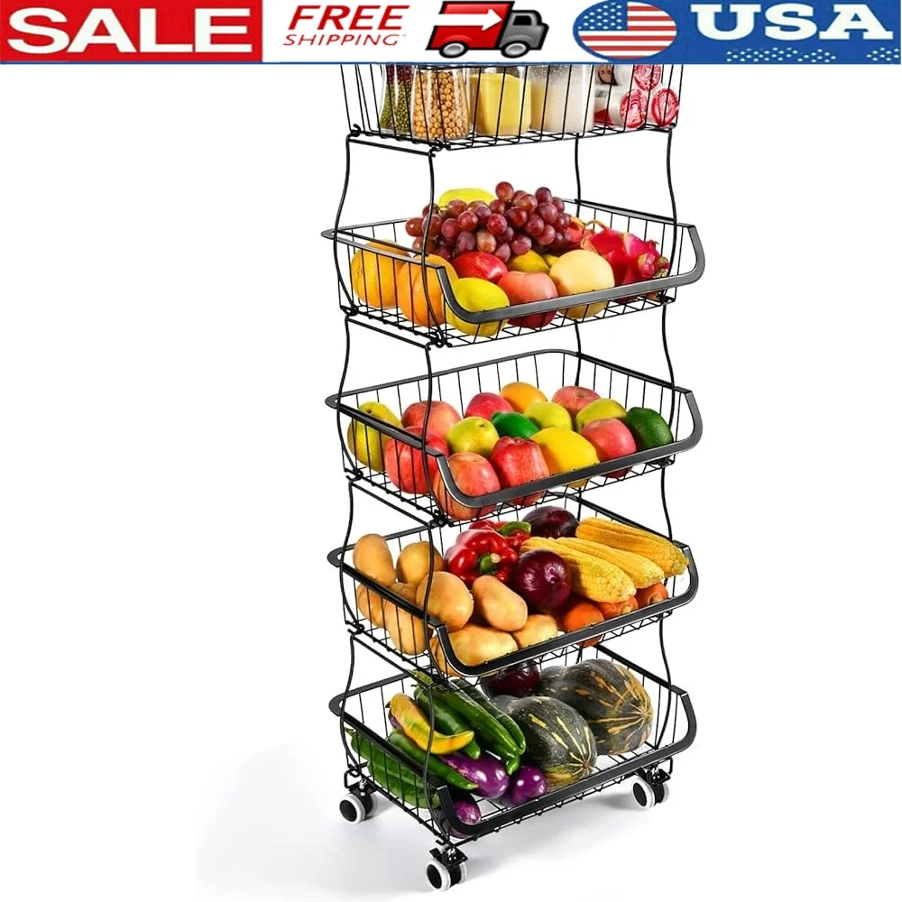 

5-уровневые штабелируемые металлические проволочные корзины на колесах, органайзер для хранения фруктов и овощей, кухня, спальня, прачечная
